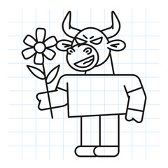 Doodle bull holds flower and smiles
