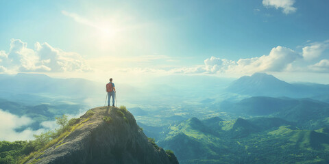 Active hiker standing on a mountain peak with a backpack, looking at a breathtaking view of the valley, sunny day, clear sky, scenic landscape, adventure and freedom