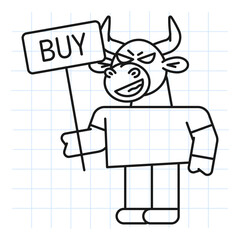 Doodle bull holds sign with inscription buy and smiles