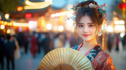 At night, a young woman wearing classical clothing and holding a fan