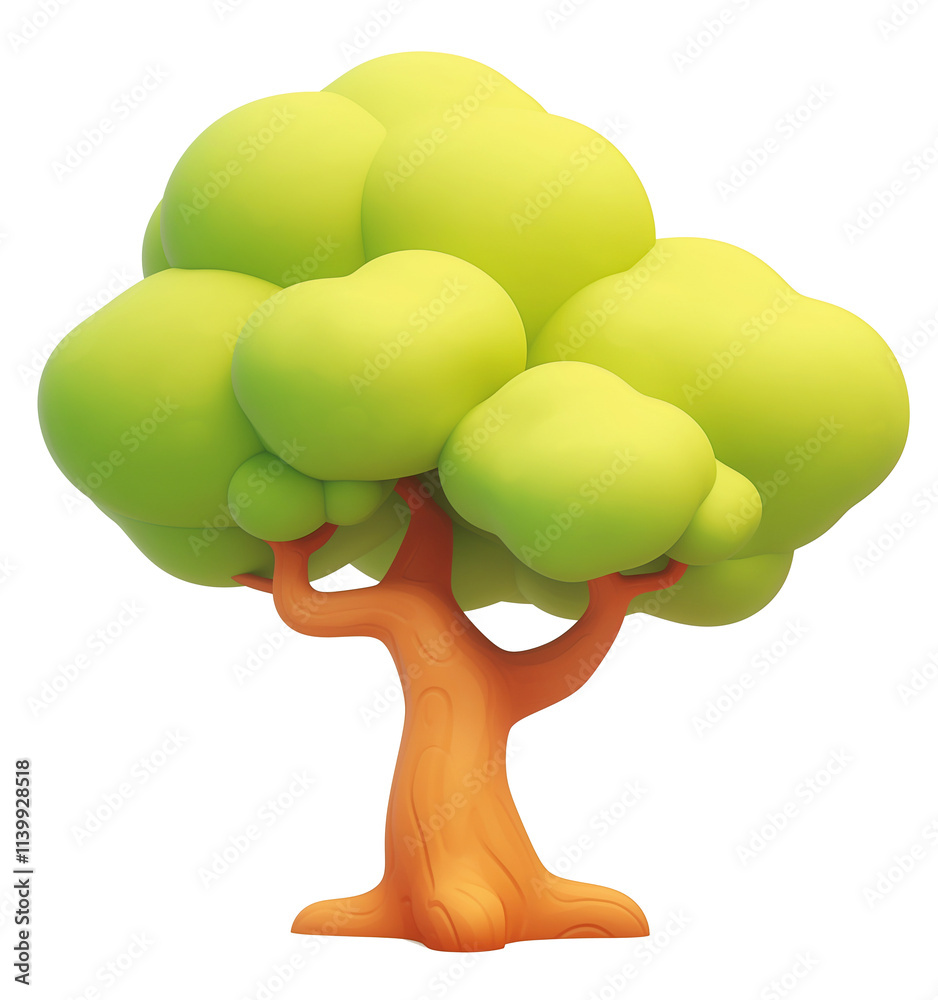 Poster vibrant 3d cartoon tree icon with flat design, featuring bright green canopy and smooth orange trunk