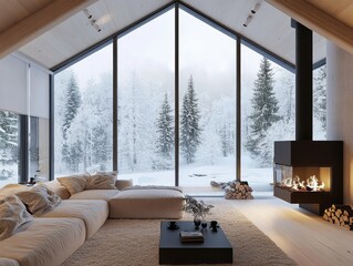 Fototapeta premium Cozy Winter Living Room with Stunning Snowy Forest View