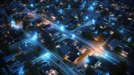 Fototapeta premium Smart City Network Illuminated Nighttime Residential Area