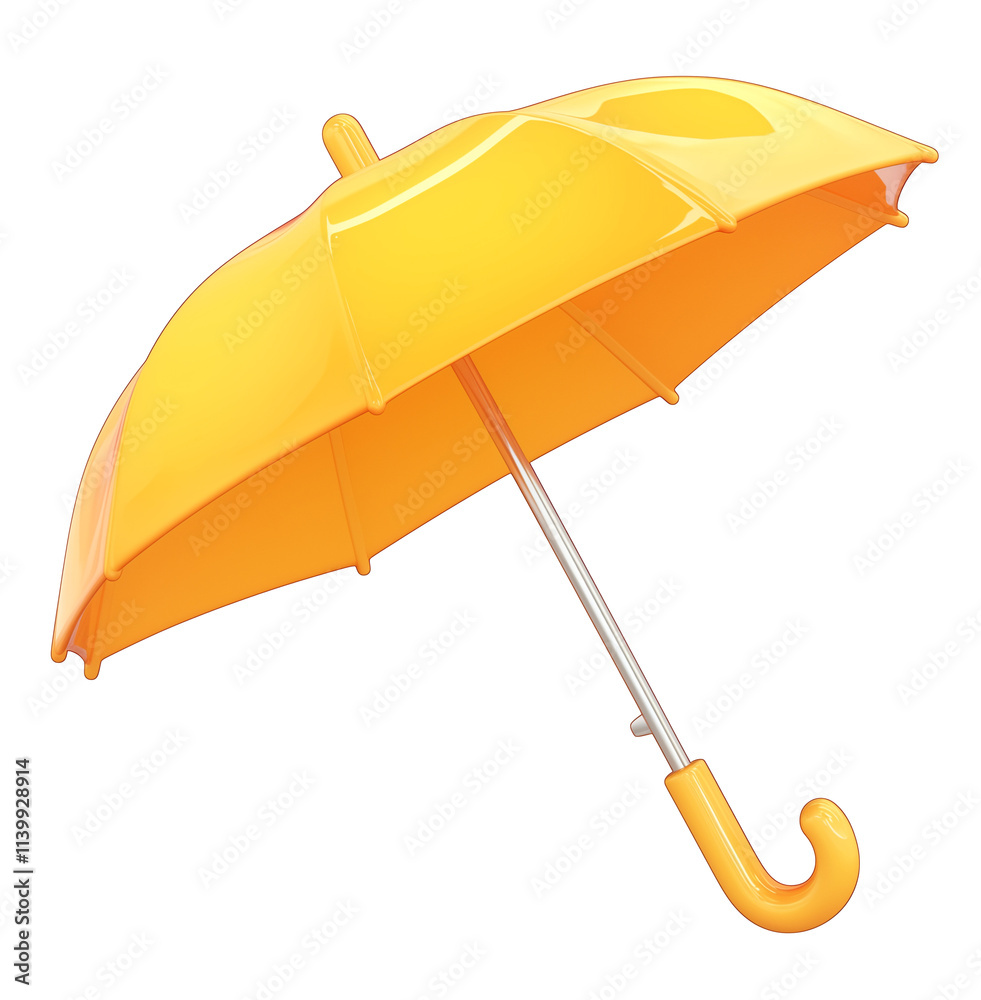 Poster bright yellow 3D umbrella icon with curved handle, isolated on transparency background, showcasing flat view with glossy finish and smooth design