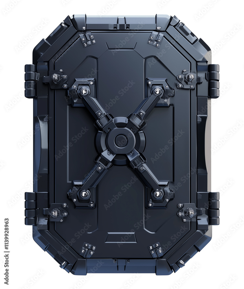 Poster 3D rendered metallic vault door with intricate details, bolts, and futuristic design, isolated on transparency background. flat view highlights its robust and secure structure