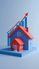 Red house with a rising red line and bar chart symbolizing an increase in property value