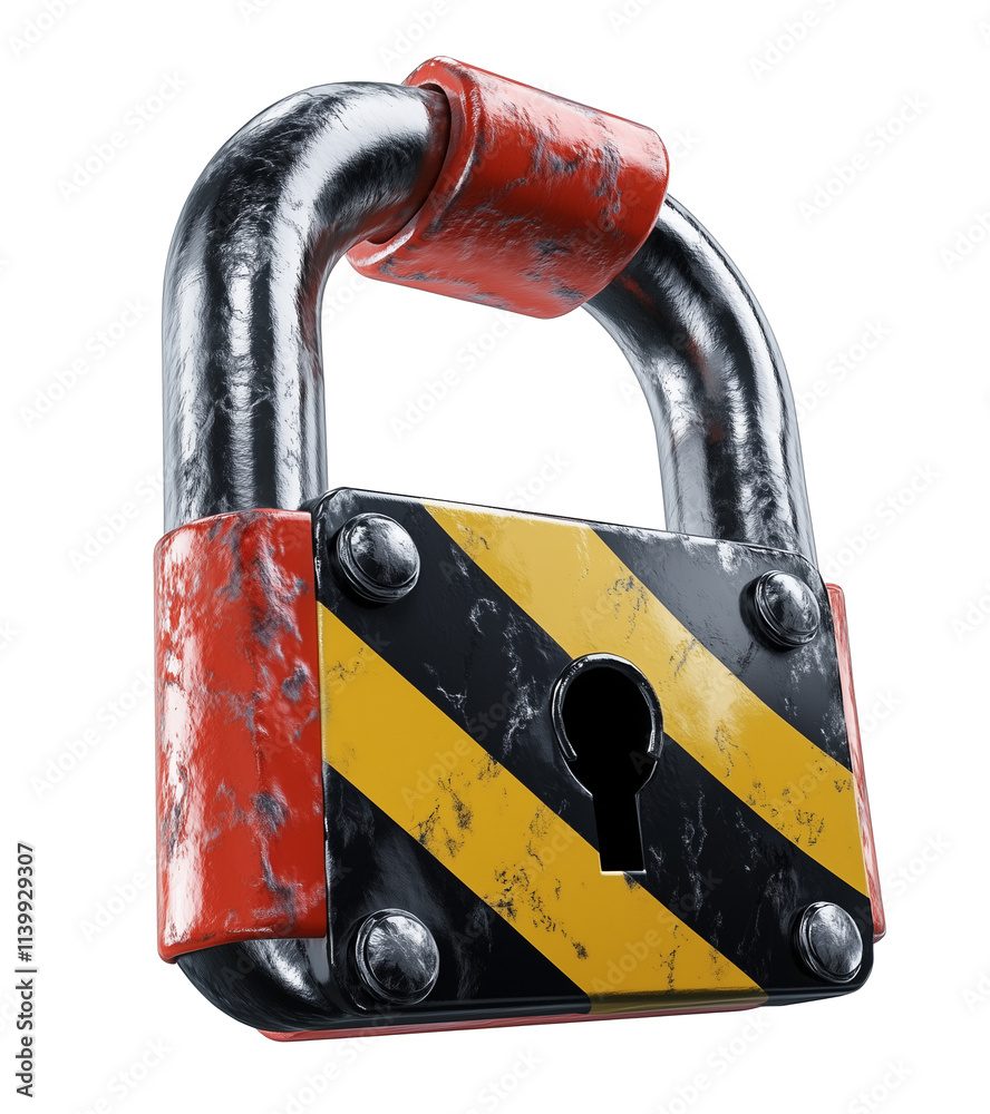 Poster 3d rendered metallic padlock with weathered texture, featuring red accents and yellow and black stri