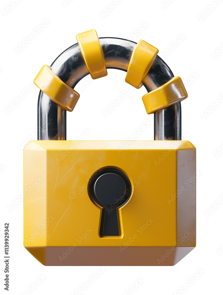 Poster shiny yellow padlock with metallic shackle, featuring keyhole in center, isolated on transparency ba