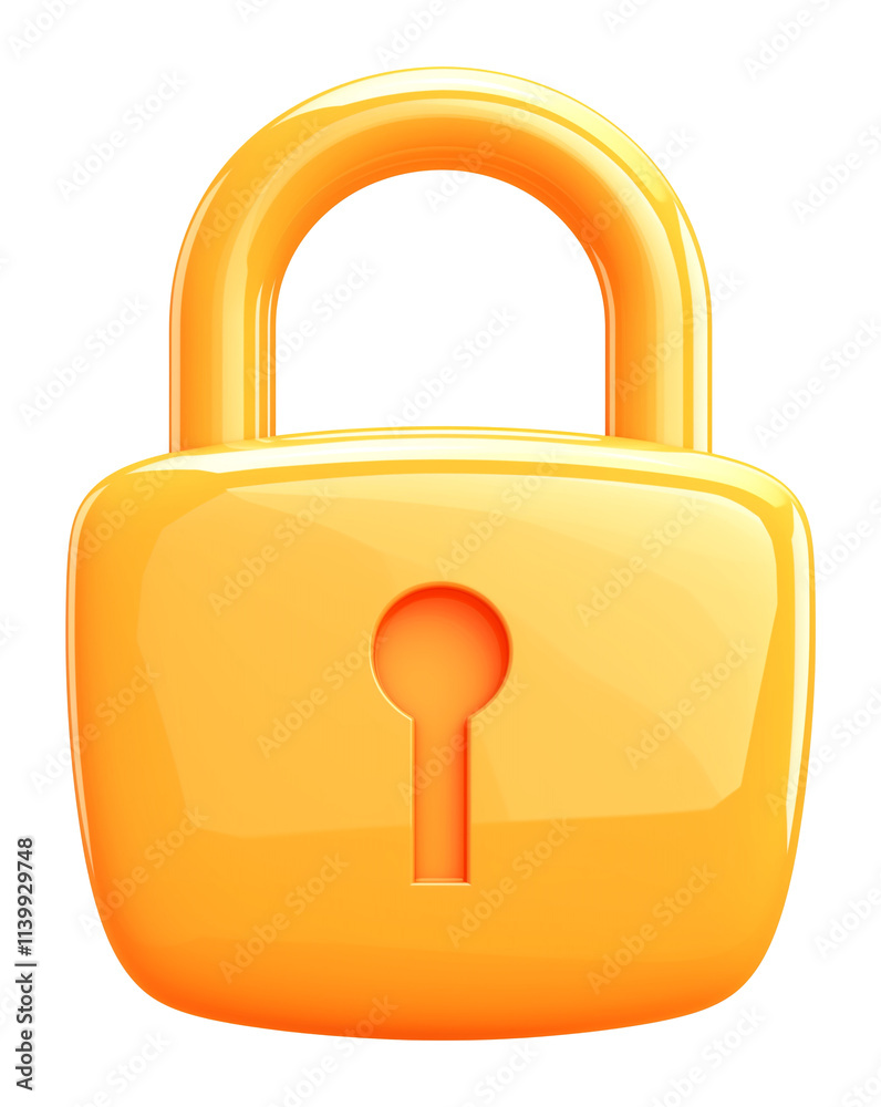 Poster 3d illustration of bright yellow padlock with keyhole, isolated on transparency background, symboliz