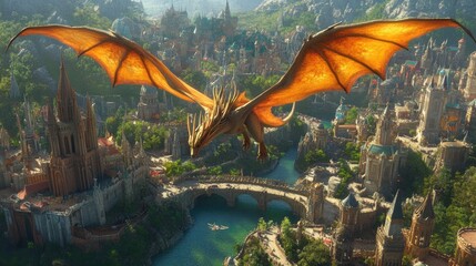 Golden Dragon Soaring Over Medieval Fantasy Cityscape