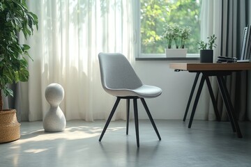 Fototapeta premium A light grey fabric chair with black legs sits near a minimalist wooden desk in a sunlit room.