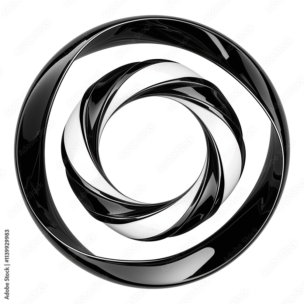 Poster sleek 3d metallic spiral design with high contrast black and white color scheme, showcasing futurist