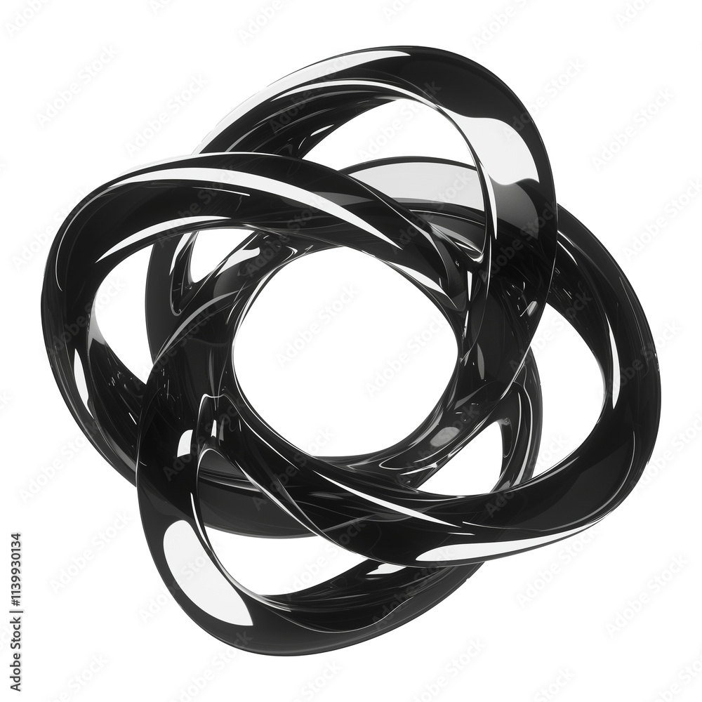 Poster sleek 3d metallic abstract shape with interlocking loops, high contrast black and white tones, and g