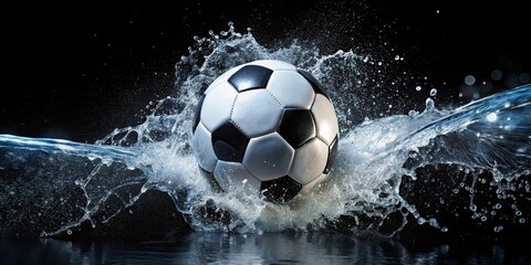 Fototapeta premium Soccer ball splashing into water on black background, soccer, ball, water, splash, sports, wet, black background, motion