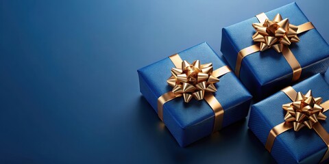 Blue gift boxes with gold bows on dark blue background, gift, blue, box, present, gold, bow, ribbon, holiday, celebration