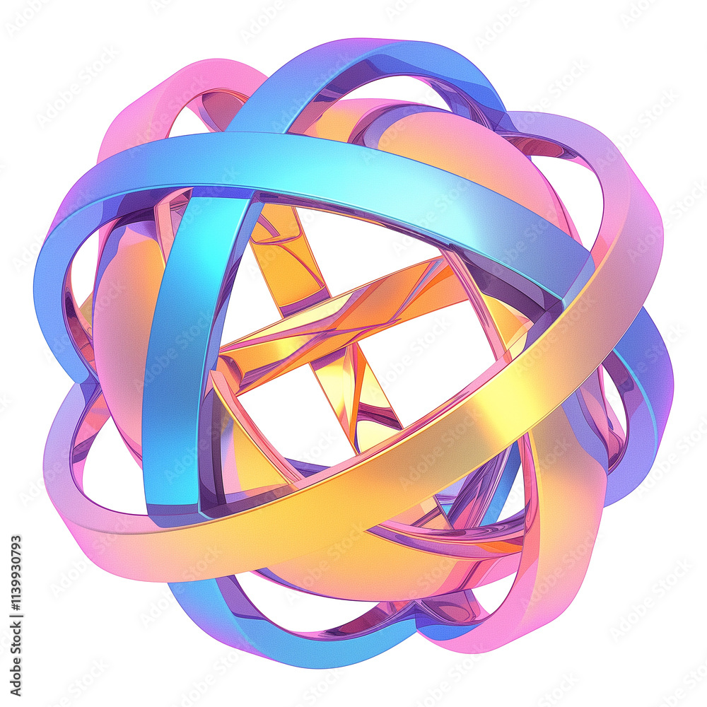 Poster vibrant 3d metallic abstract shape with holographic colors, featuring interwoven loops and futuristi