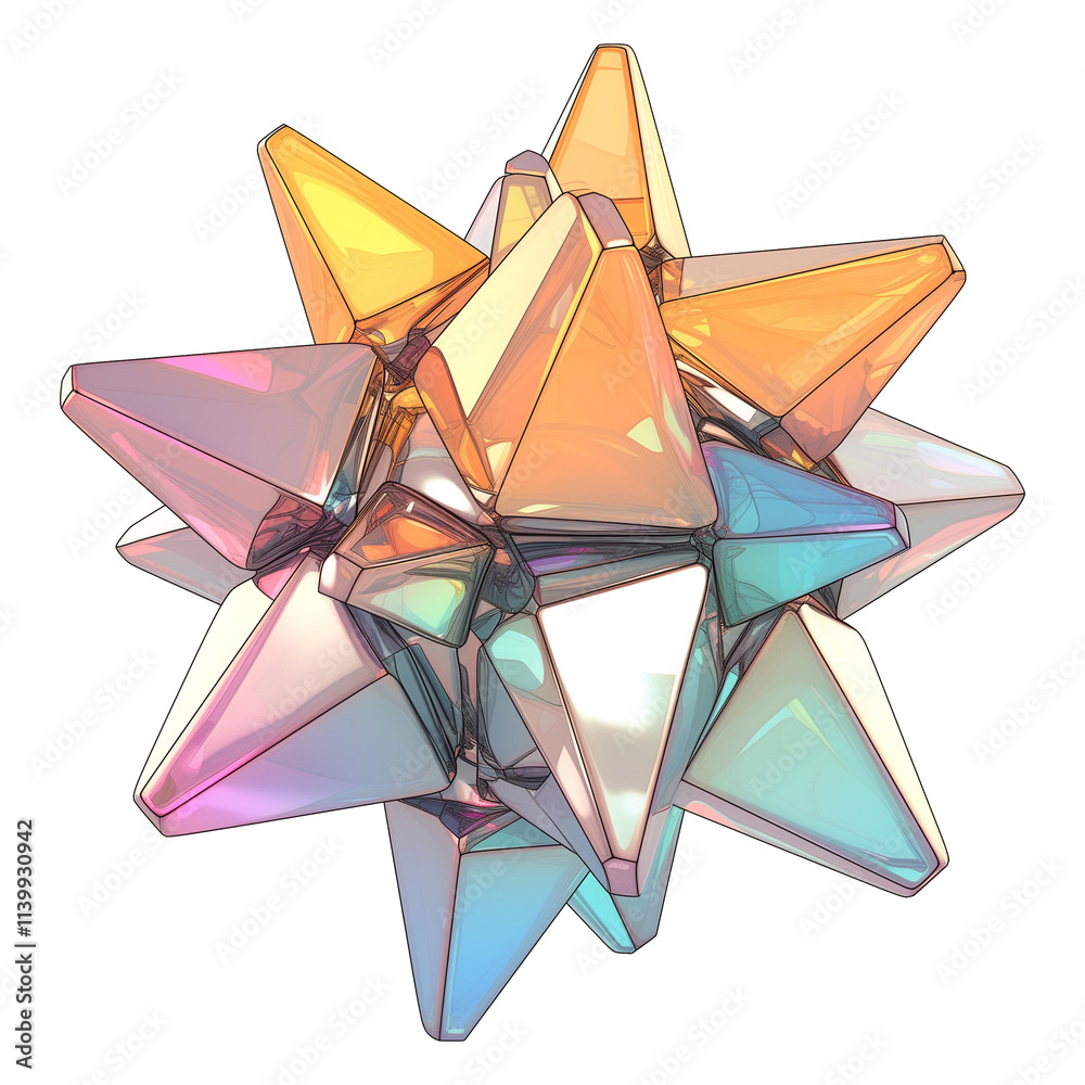Aufkleber 3D metallic geometric shape with holographic colors, featuring sharp triangular facets and futuristic Y2K aesthetic, displayed on flat transparency background