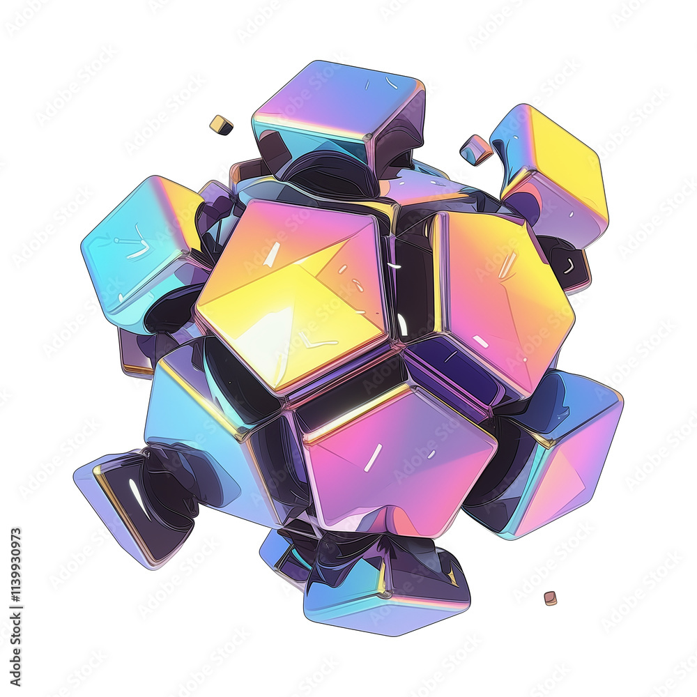 Poster 3d metallic abstract shape with holographic colors, featuring interconnected geometric forms and fut