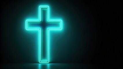 Fototapeta premium Teal neon cross glowing on dark background, Teal, neon, cross, glowing, dark, background, light, religion, spiritual, vibrant