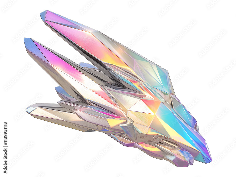 Poster futuristic 3D metallic object with holographic colors and sharp geometric shapes, resembling sleek spacecraft or abstract sculpture, displayed on transparency background