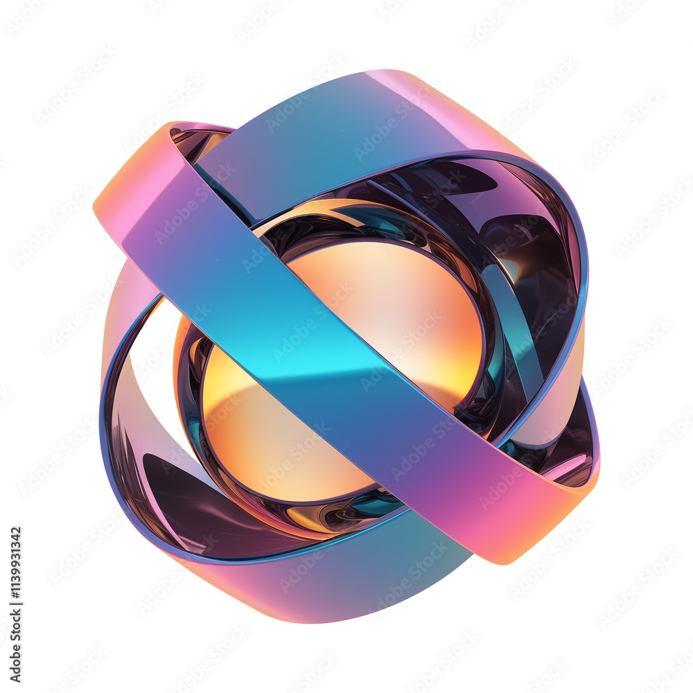 Poster vibrant 3d metallic sphere with holographic colors, featuring interlocking y2k inspired shapes and f