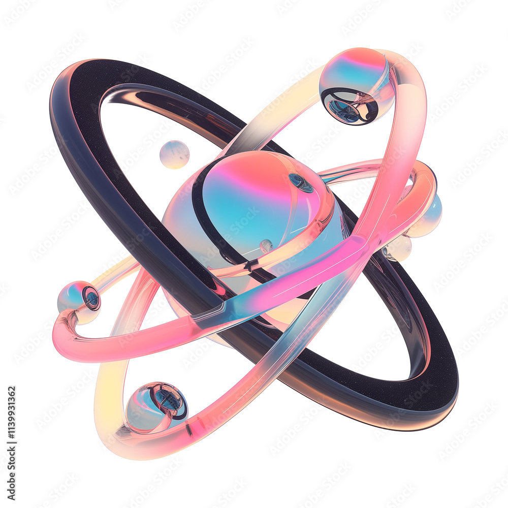 Poster futuristic 3d metallic abstract shape with holographic colors, featuring interconnected rings and sp