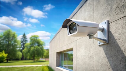 Obraz premium Security camera mounted on a concrete wall outside a modern home, Surveillance, Protection, Security, Technology, Privacy