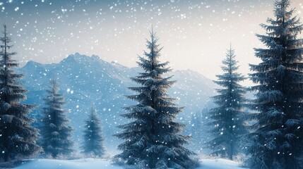 Fototapeta premium In winter, tall snow capped mountains and towering cedars