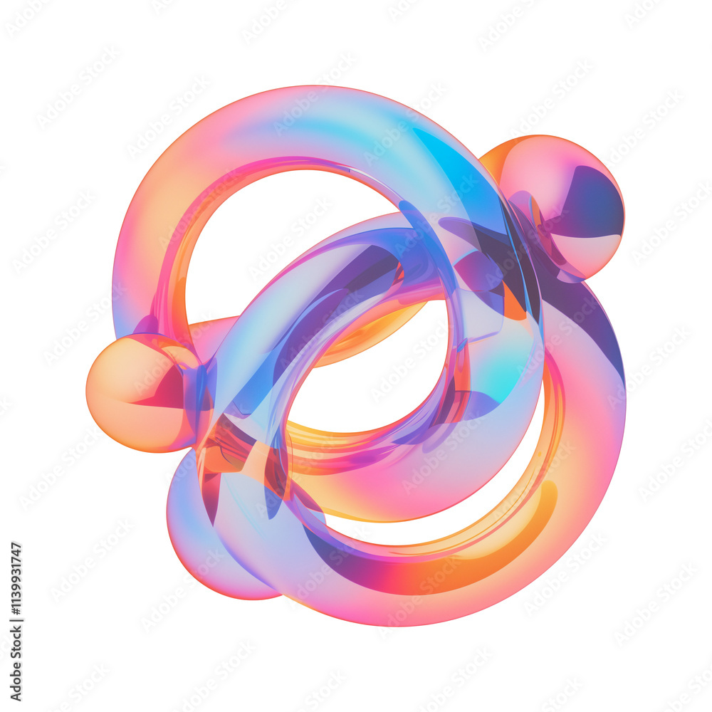 Poster vibrant 3d metallic abstract shape with holographic colors, featuring intertwined loops and spheres 