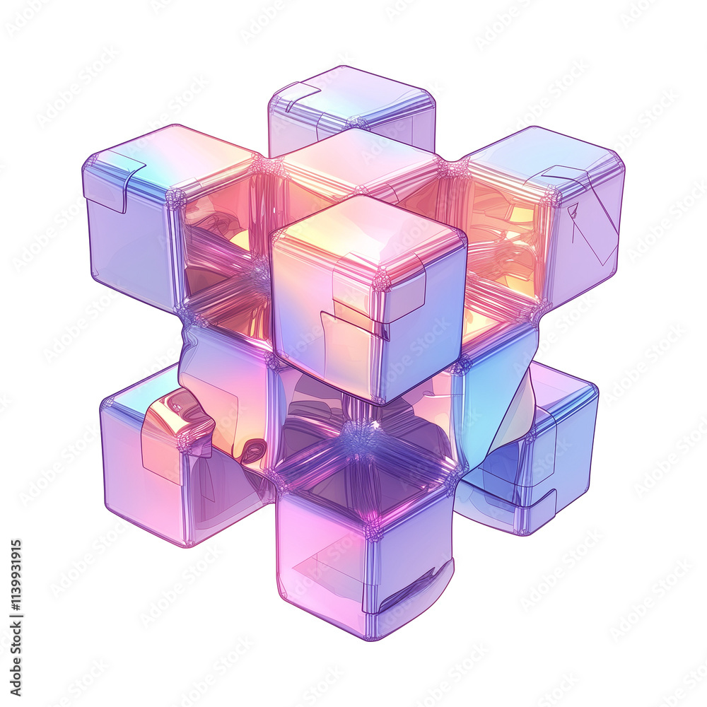 Poster 3d metallic geometric structure with holographic colors, featuring interconnected cube shapes and fu