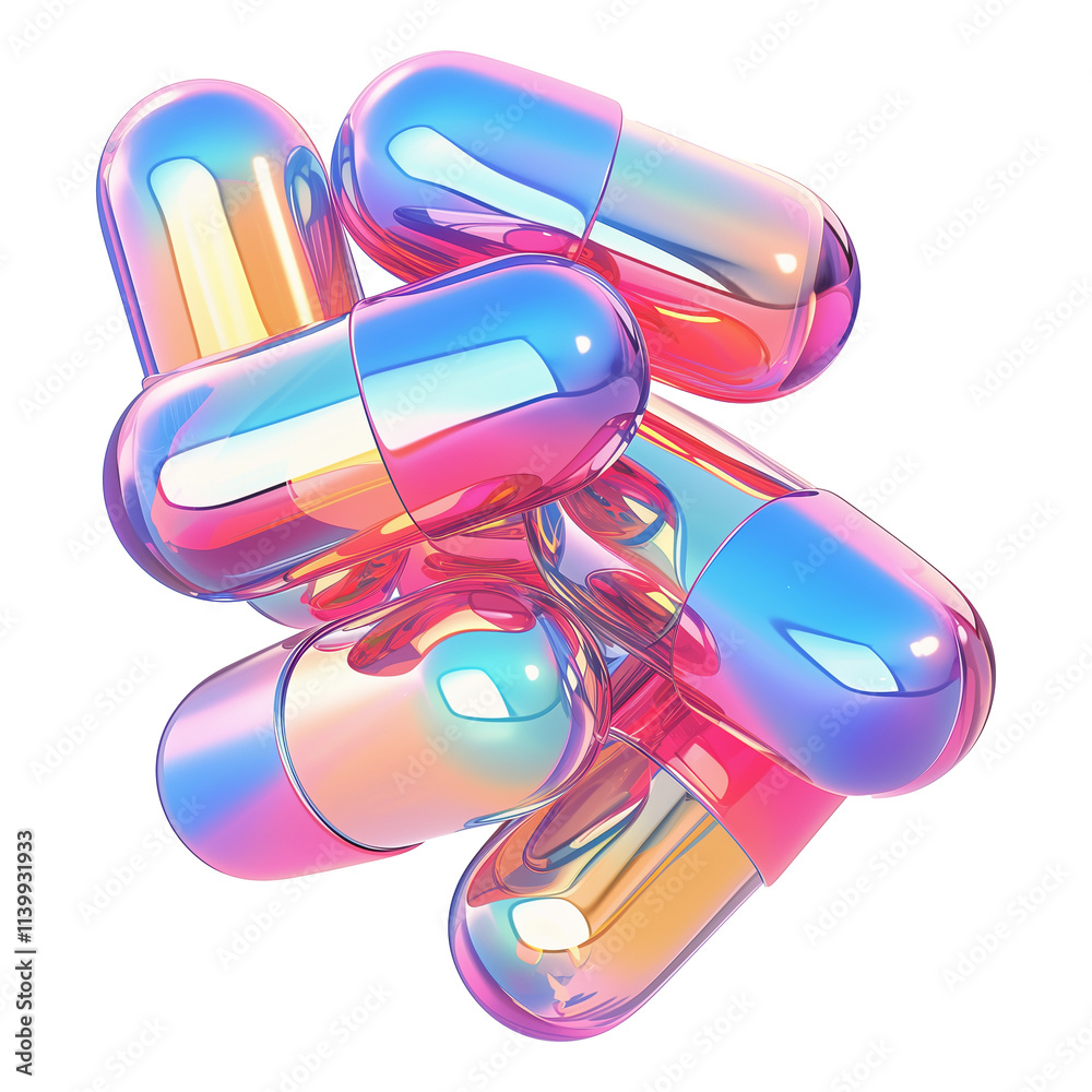 Aufkleber glossy metallic capsules in holographic y2k colors, arranged in floating cluster with futuristic and