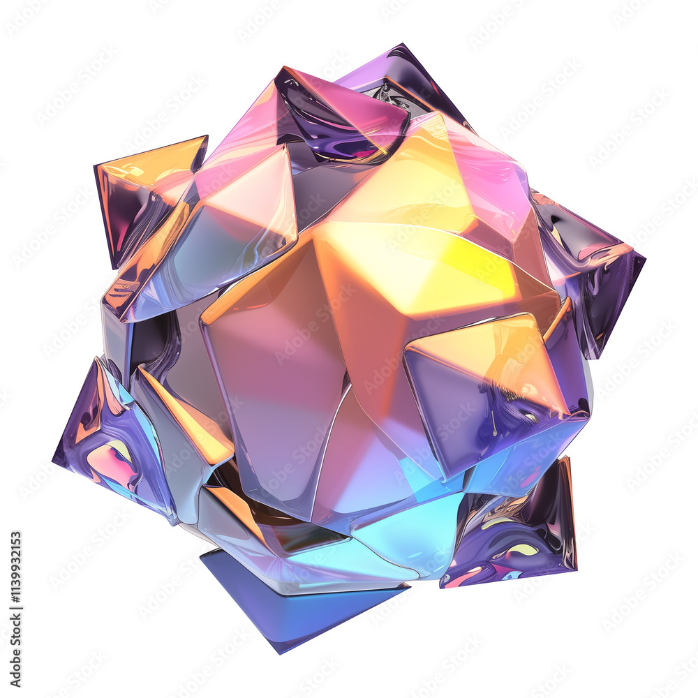Poster 3D metallic geometric shape with holographic colors, featuring sharp edges and futuristic Y2K aesthetic, displayed on flat transparency background