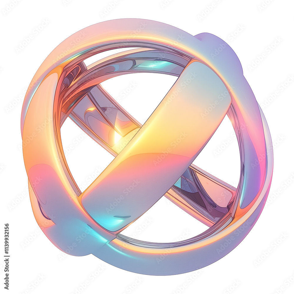 Poster 3d metallic abstract shape with holographic colors, featuring smooth curves and futuristic y2k aesth