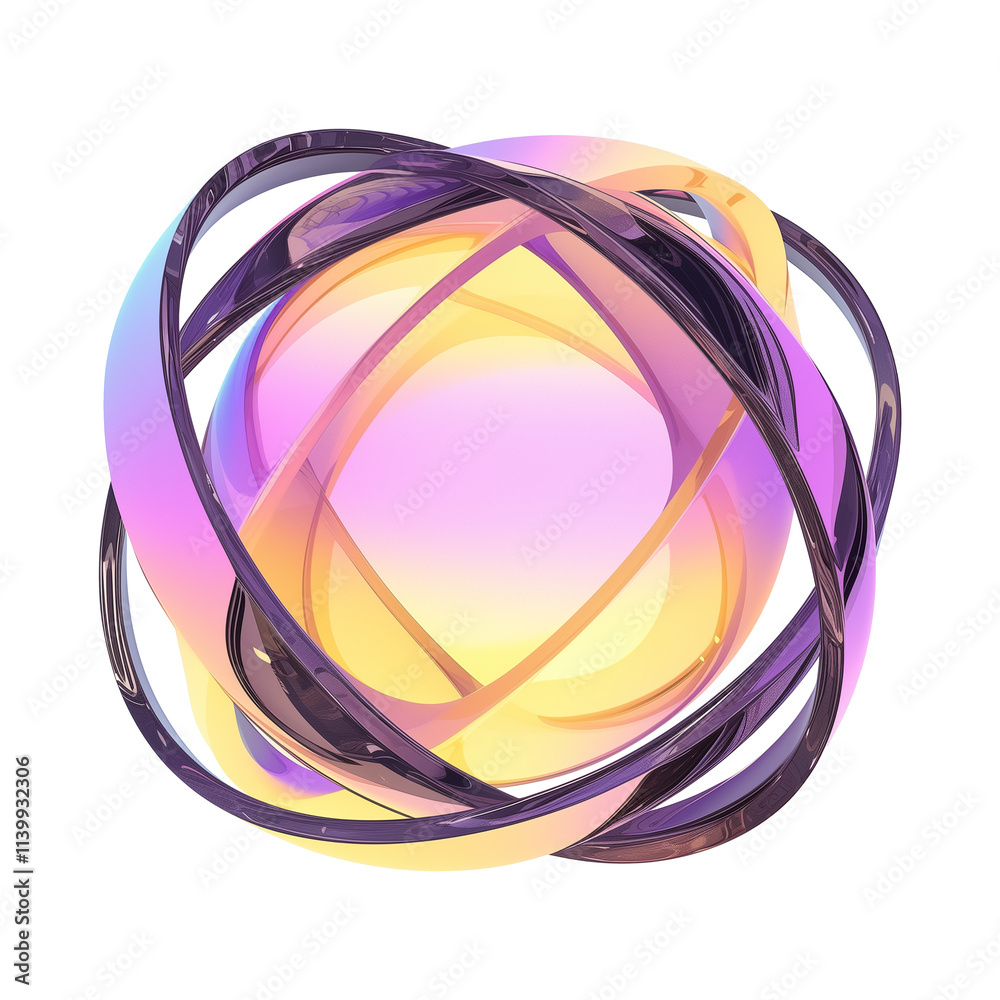 Poster vibrant 3D metallic abstract shape with holographic colors, featuring intertwined loops and glowing gradient sphere at center, creating futuristic and dynamic design