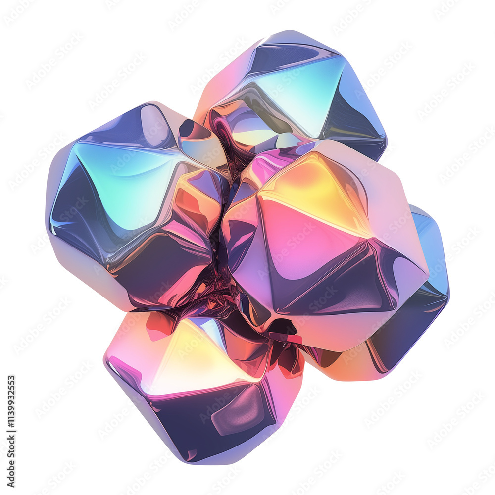 Poster cluster of 3d metallic shapes with holographic colors, reflecting vibrant y2k aesthetics in flat vie