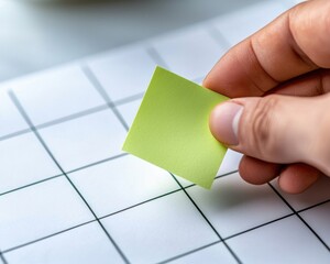 Hand Holding Green Sticky Note Over Blank Grid Surface