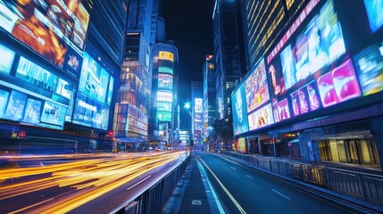 Fototapeta premium Vibrant City Street at Night Illuminated by Bright Lights