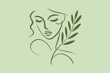 Minimalist line art portrait of a woman with flowers in green ink, logo, print, icon