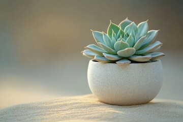Fototapeta premium A serene succulent plant in a minimalist white pot, rests on sandy ground, bathed in soft sunlight.