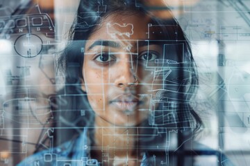 Thoughtful young woman gazing through digital interface with futuristic diagrams overlay, representing innovation and technology in modern society