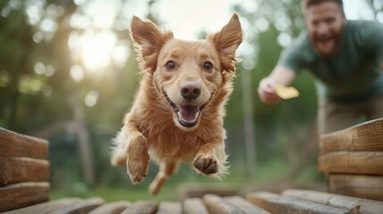 A joyous golden-brown dog jumps in the mid-air, its face expressing happiness as its owner joyfully encourages it from the background in a forest environment.