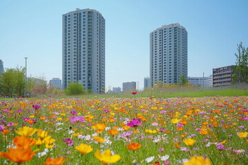 Vibrant flower field with cityscape urban park nature photography spring season ground view urban beauty