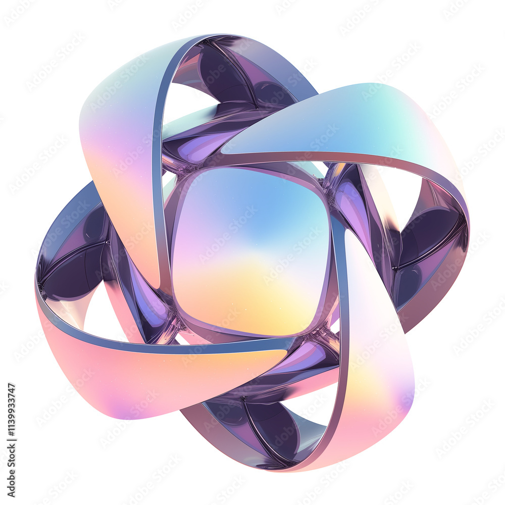 Poster futuristic 3d metallic shape with holographic colors, featuring smooth, intertwined design and flat 