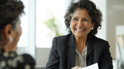 Adult businesswoman in a suit sitting in an office, representing inclusive hiring practices and diversity in the workplace. Concept of professionalism, equality, and age-friendly employment.