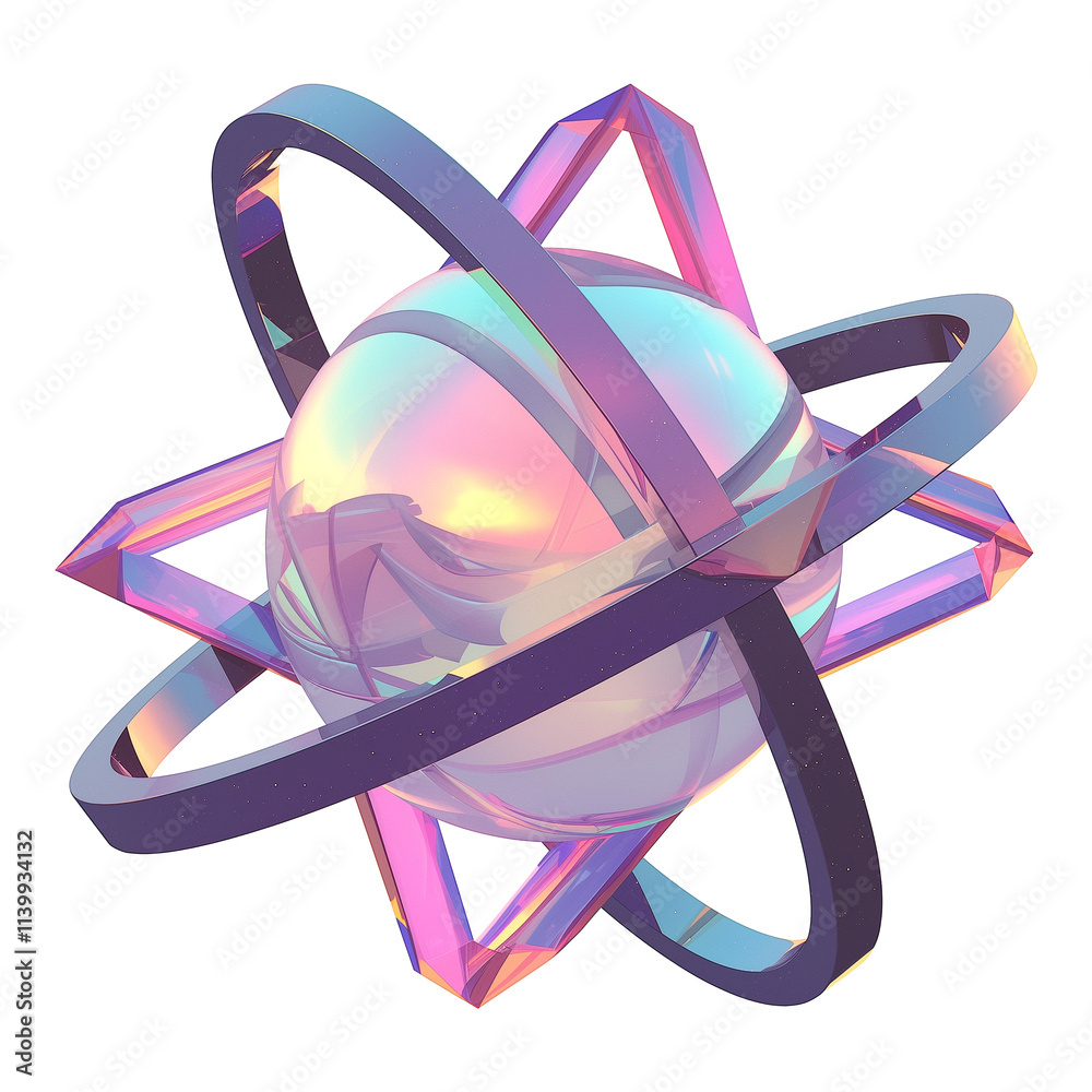 Poster futuristic 3d metallic sphere with holographic colors, surrounded by intersecting geometric rings, s