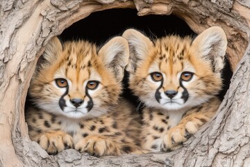 Two cheetah cubs waiting, hiding inside a tree hole. © Noize
