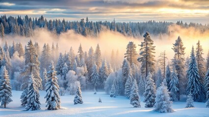 Misty Norwegian winter woods with snow-covered pine trees , Norway, winter, misty, woods, pine trees, cold, frost, snow, scenic