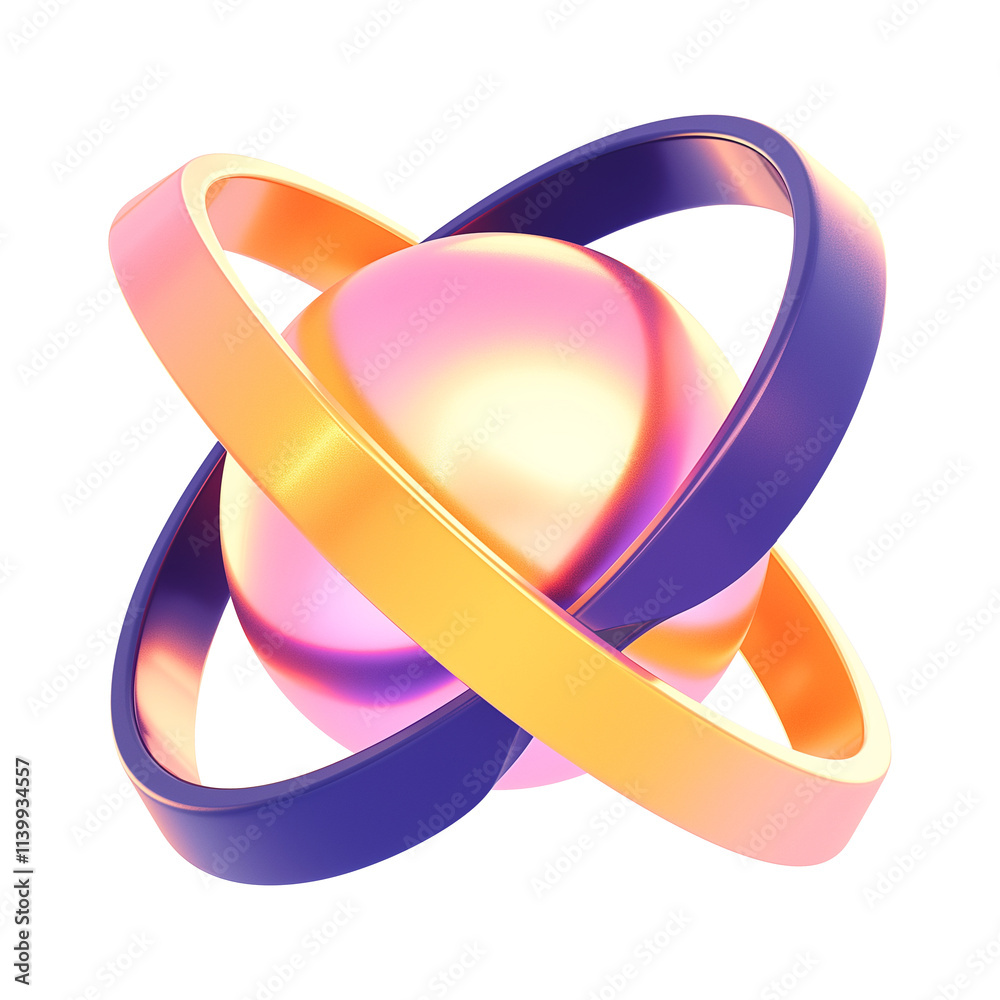Poster vibrant 3D metallic sphere with intersecting yellow and purple rings, showcasing futuristic Y2K inspired design and glossy metallic colors on transparency background