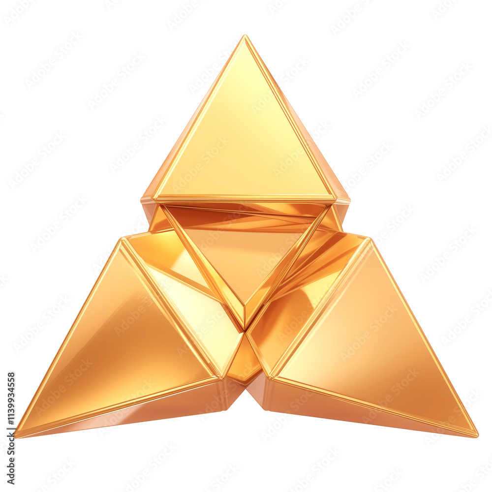 Poster 3d metallic geometric shape featuring interconnected golden pyramids, isolated on transparency backg