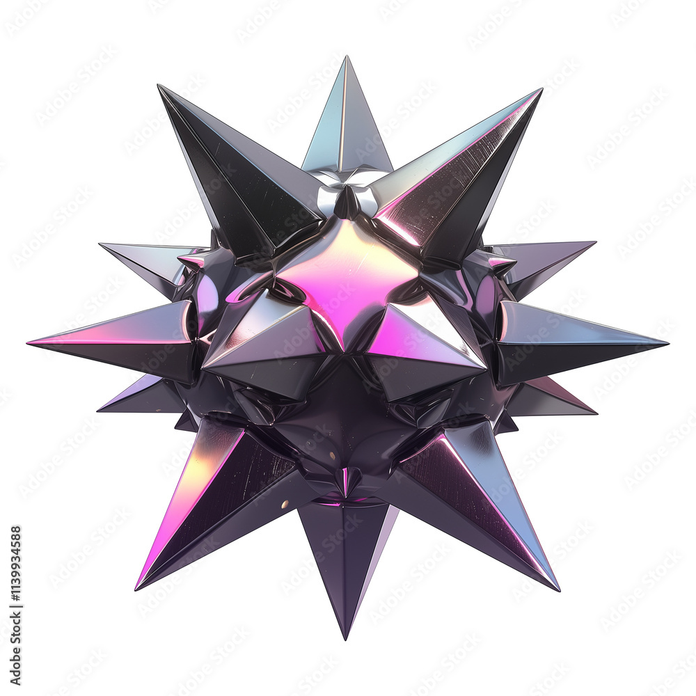 Poster futuristic metallic 3D spiked shape with iridescent Y2K inspired colors, isolated on transparency background, showcasing sleek and reflective design